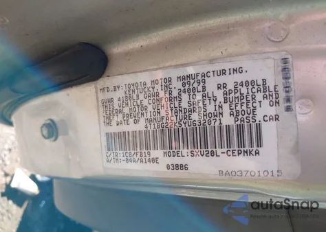 2000 Toyota Camry Ce/Le/Xle из США, поврежденный, VIN 4T1BG22K5YU632071